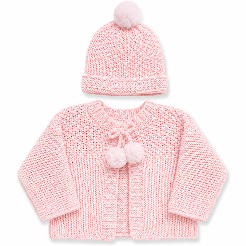 Pink Knitted Cardigan & Pom Pom Hat Set
