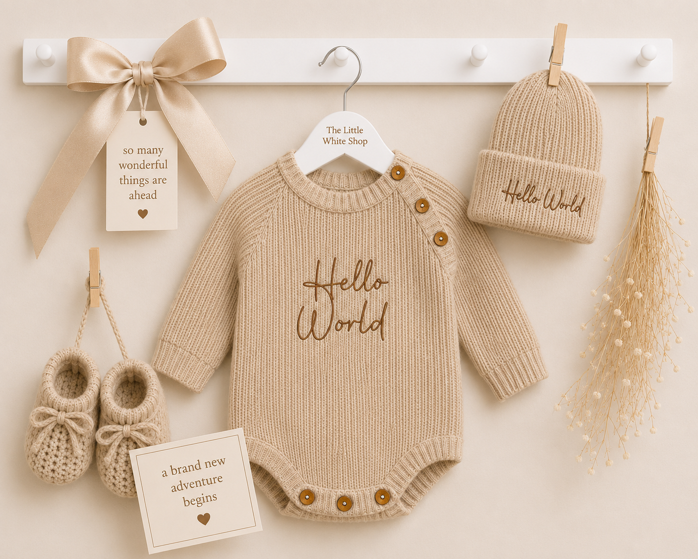 Beige Hello World Romper Set