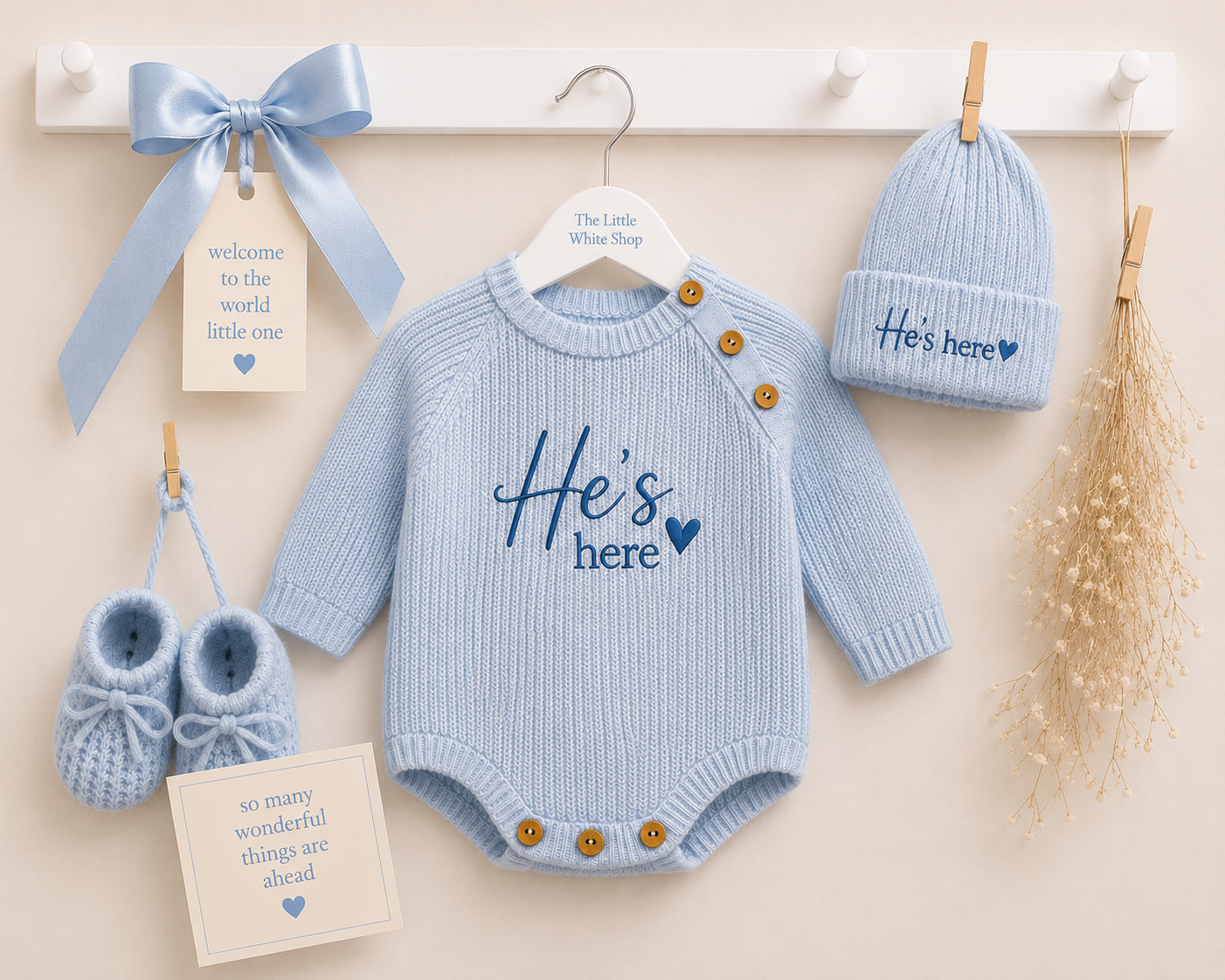He’s Here Romper Gift set