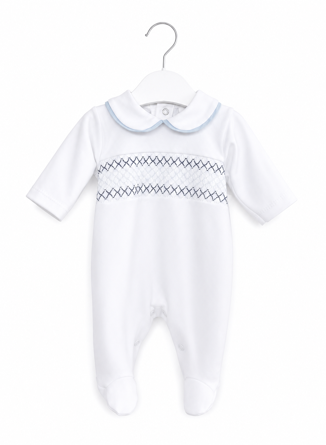 White and Blue Smocked Babygrow