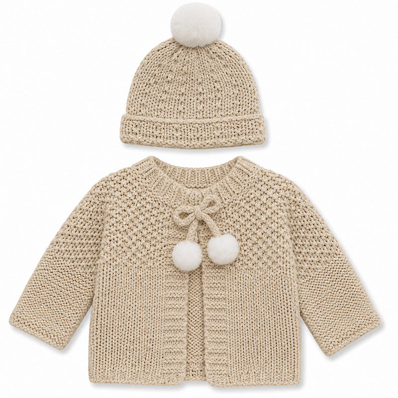 Beige Knitted Cardigan & Pom Pom Hat Set