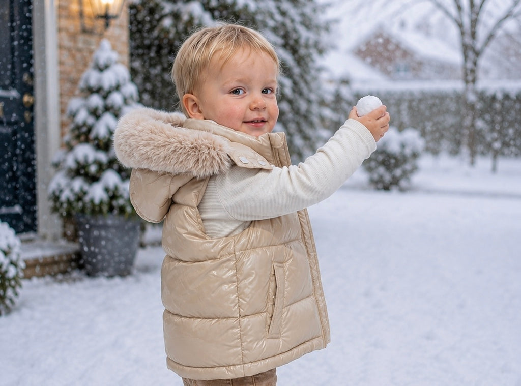 Beige Wee Mee Puffer Gilet With Faux Fur Hood