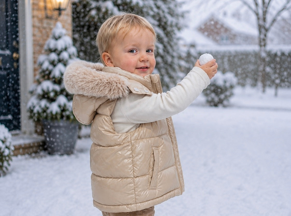 Beige Wee Mee Puffer Gilet With Faux Fur Hood