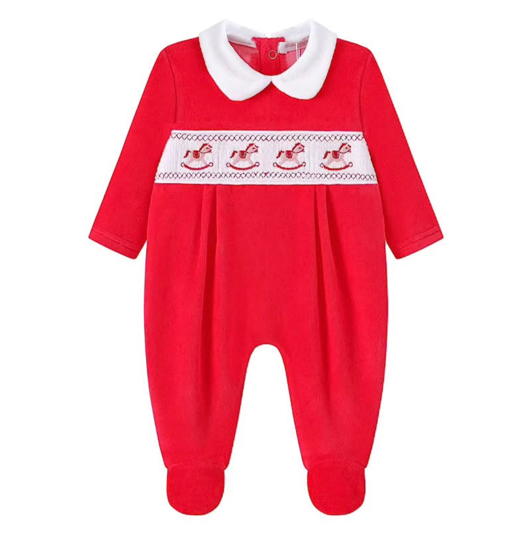 Red velour rocking horse babygrow