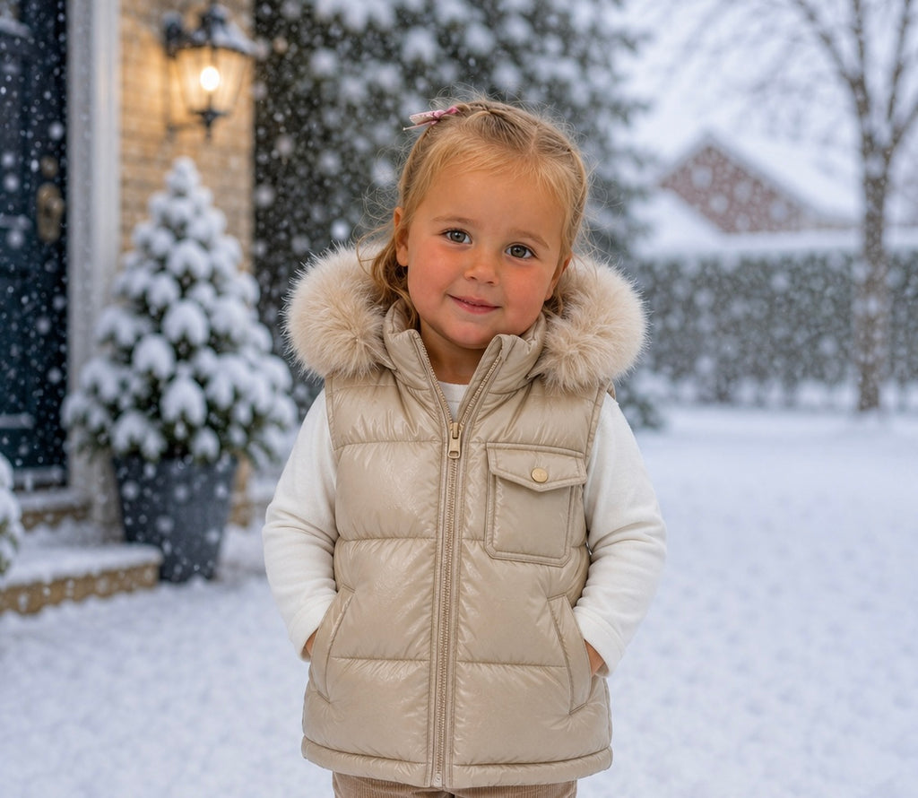 Beige Wee Mee Puffer Gilet With Faux Fur Hood