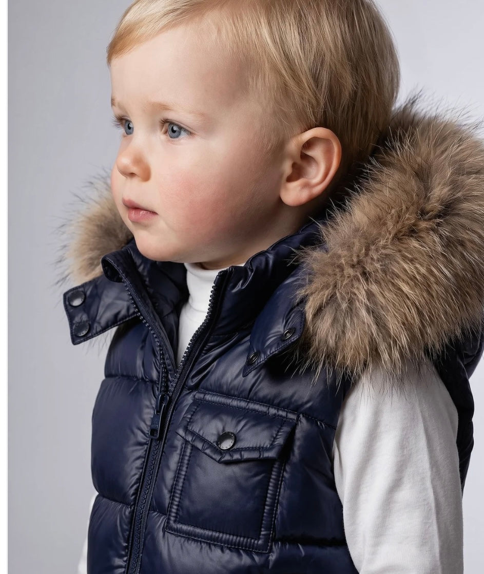 Navy Wee Mee Puffer Gilet With Faux Fur Hood