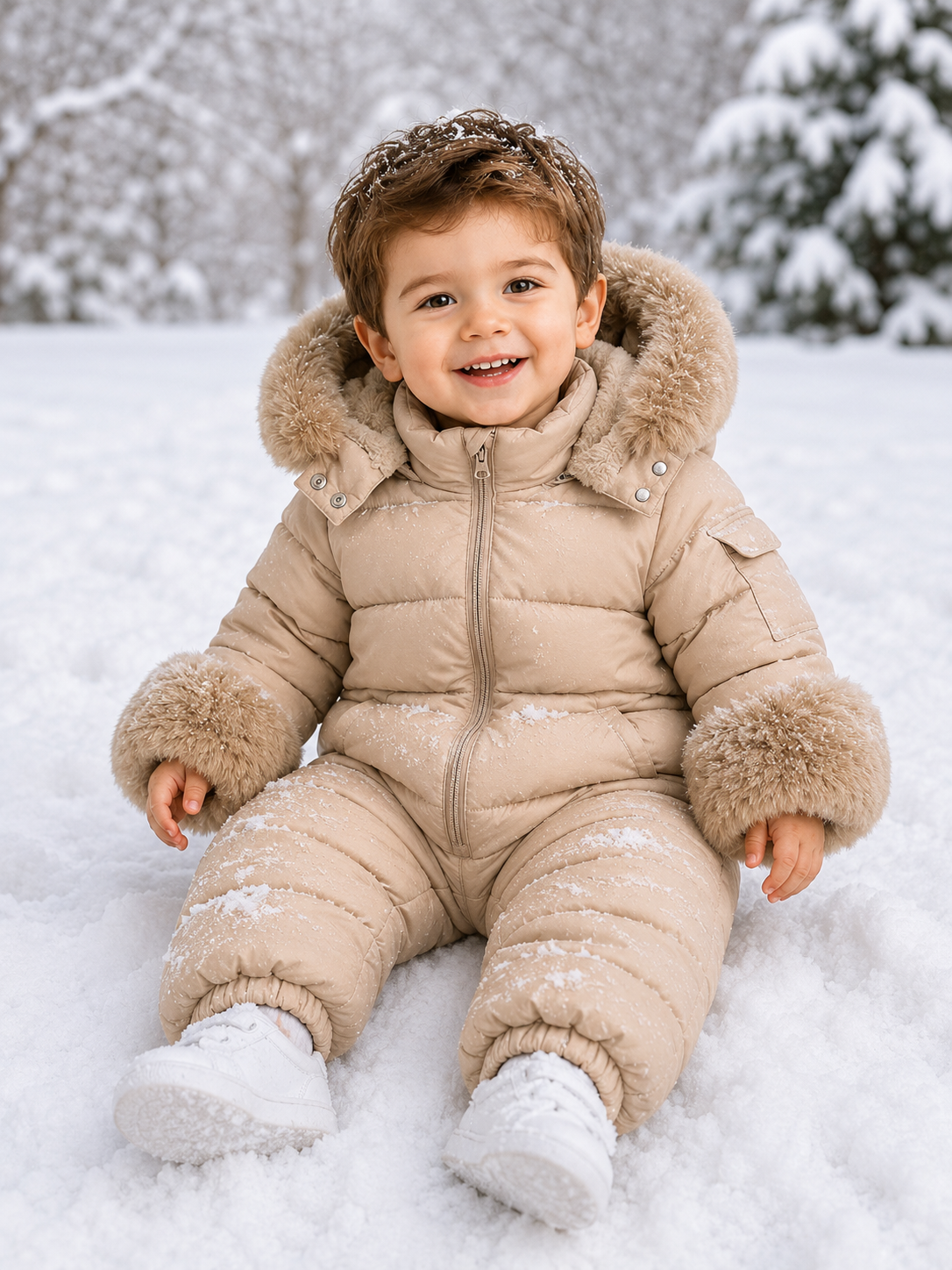 Beige Faux Fur Hooded Snowsuit 3M-3 Years