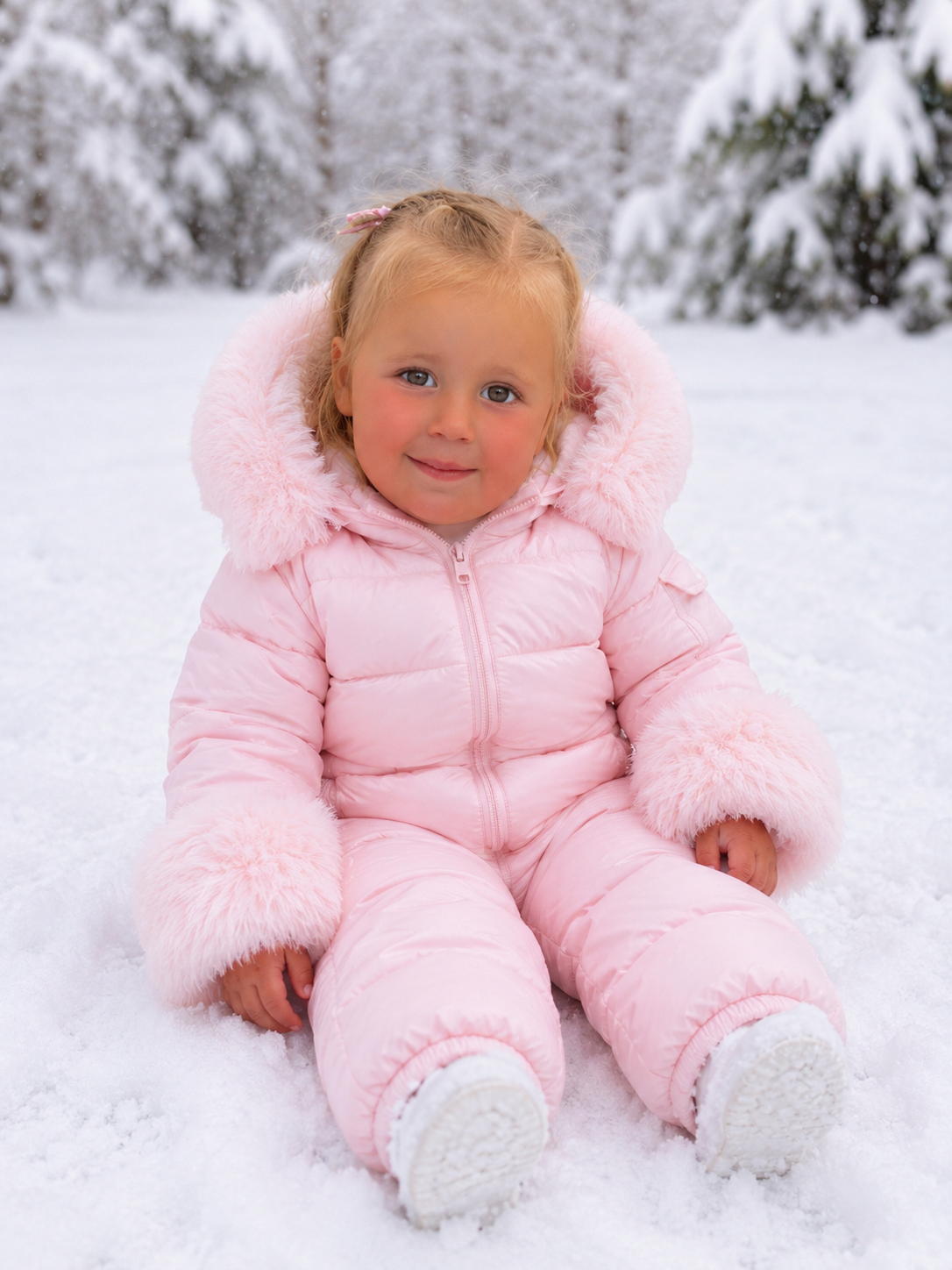 Baby Pink Faux Fur Hooded Snowsuit 3M-3 Years