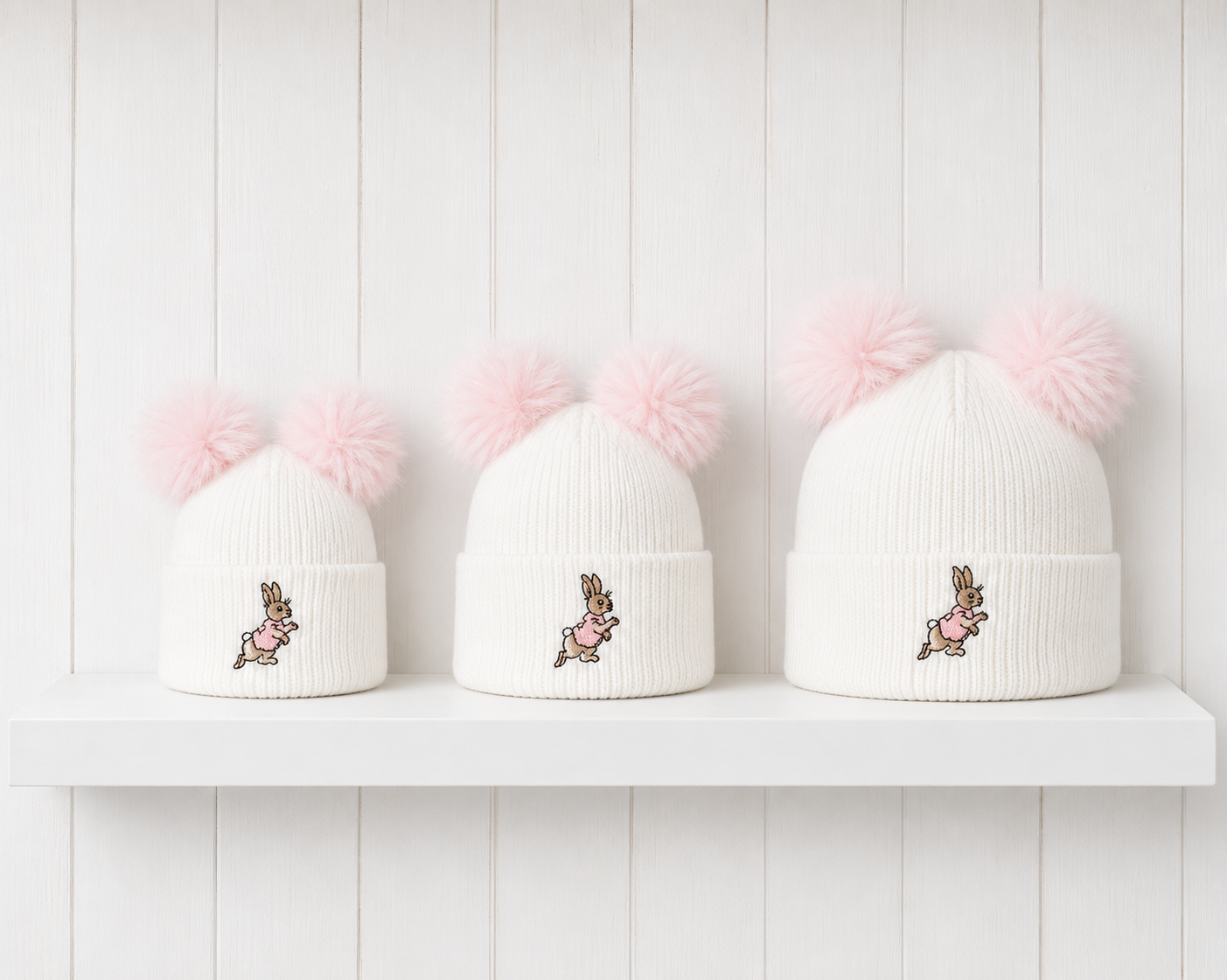 White and Pink Peter Rabbit Double Pom Hat