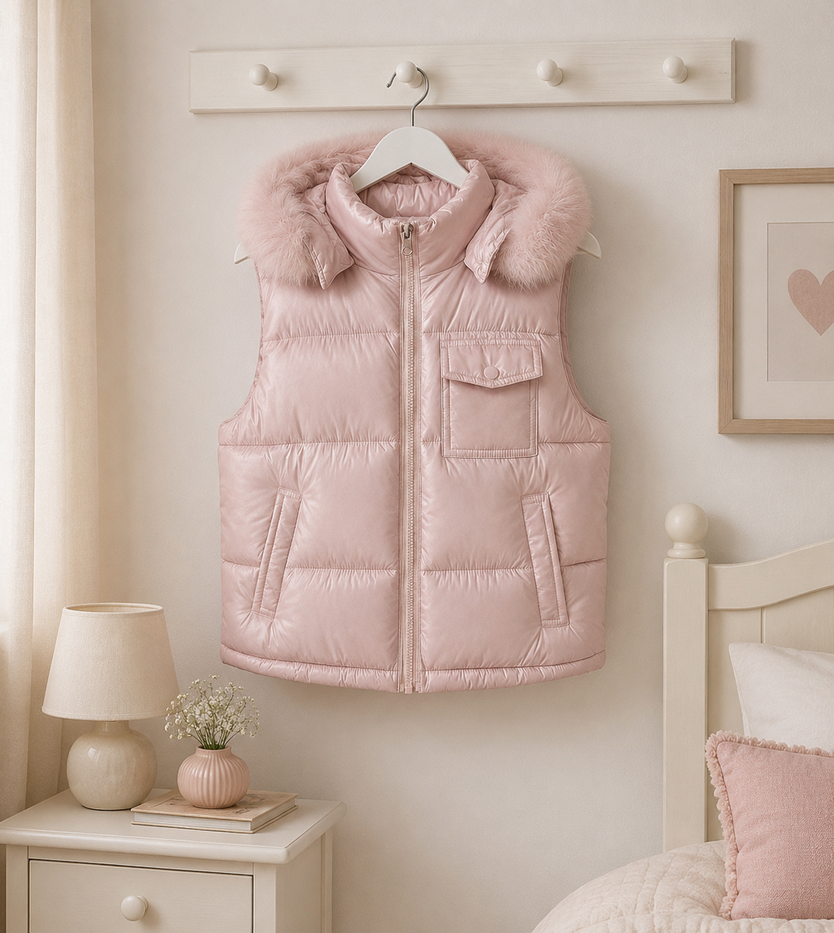 Baby Pink Wee Mee Puffer Gilet With Faux Fur Hood