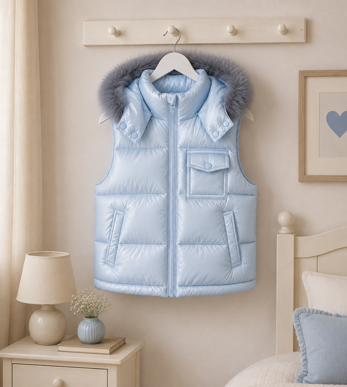 Baby Blue Wee Mee Puffer Gilet With Faux Fur Hood