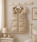 Beige Wee Mee Puffer Gilet With Faux Fur Hood