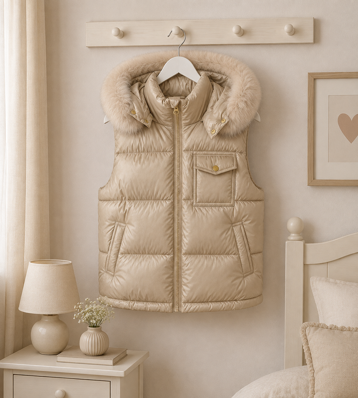 Beige Wee Mee Puffer Gilet With Faux Fur Hood