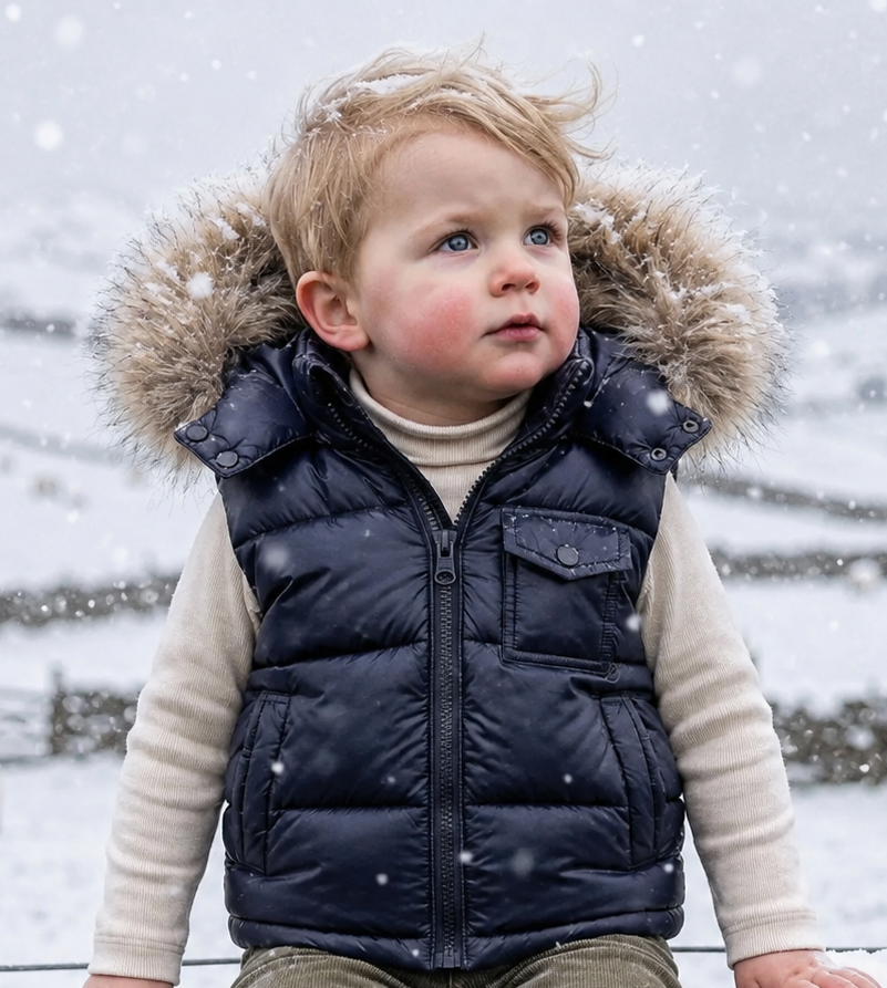 Navy Wee Mee Puffer Gilet With Faux Fur Hood