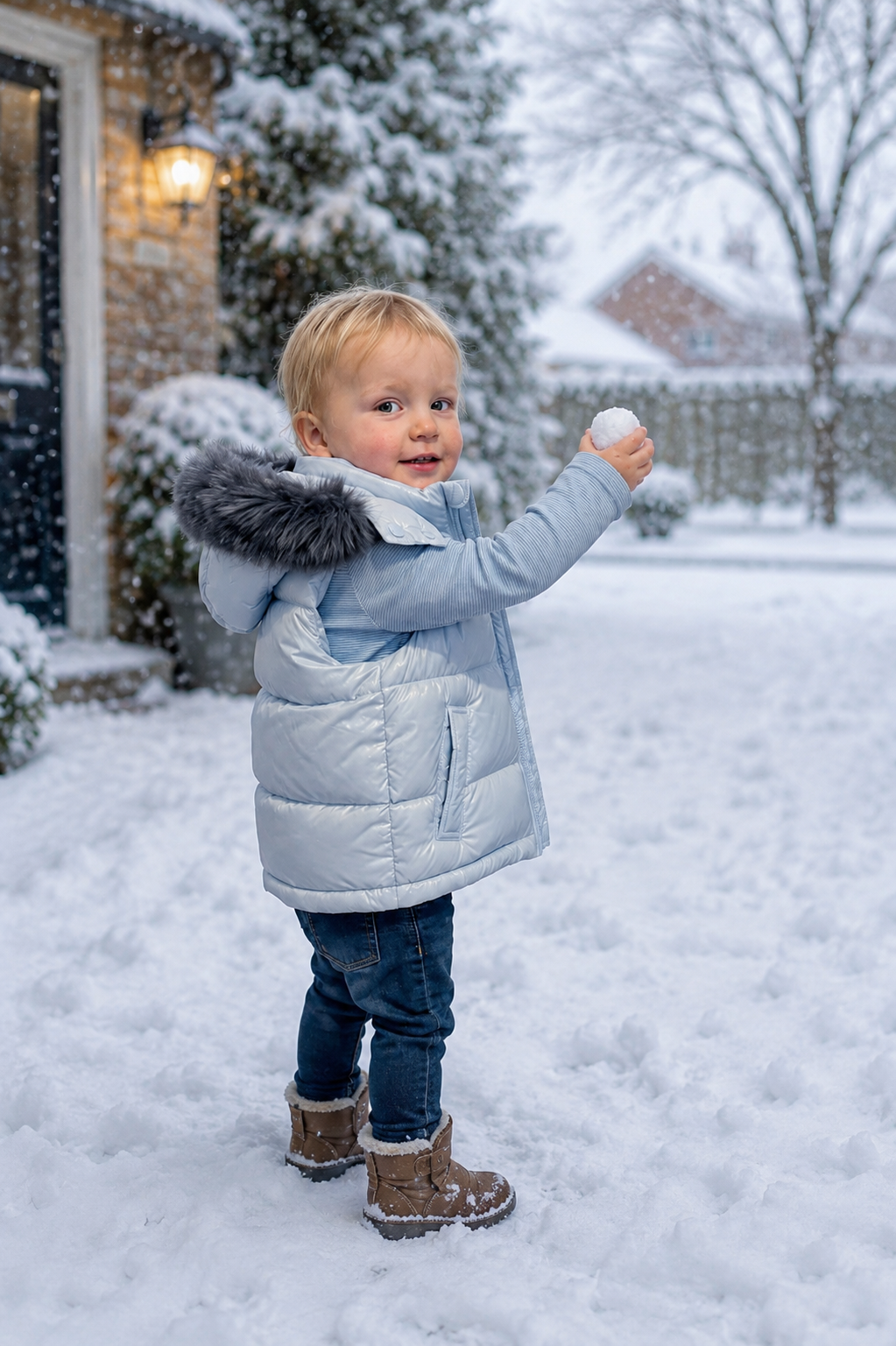 Baby Blue Wee Mee Puffer Gilet With Faux Fur Hood