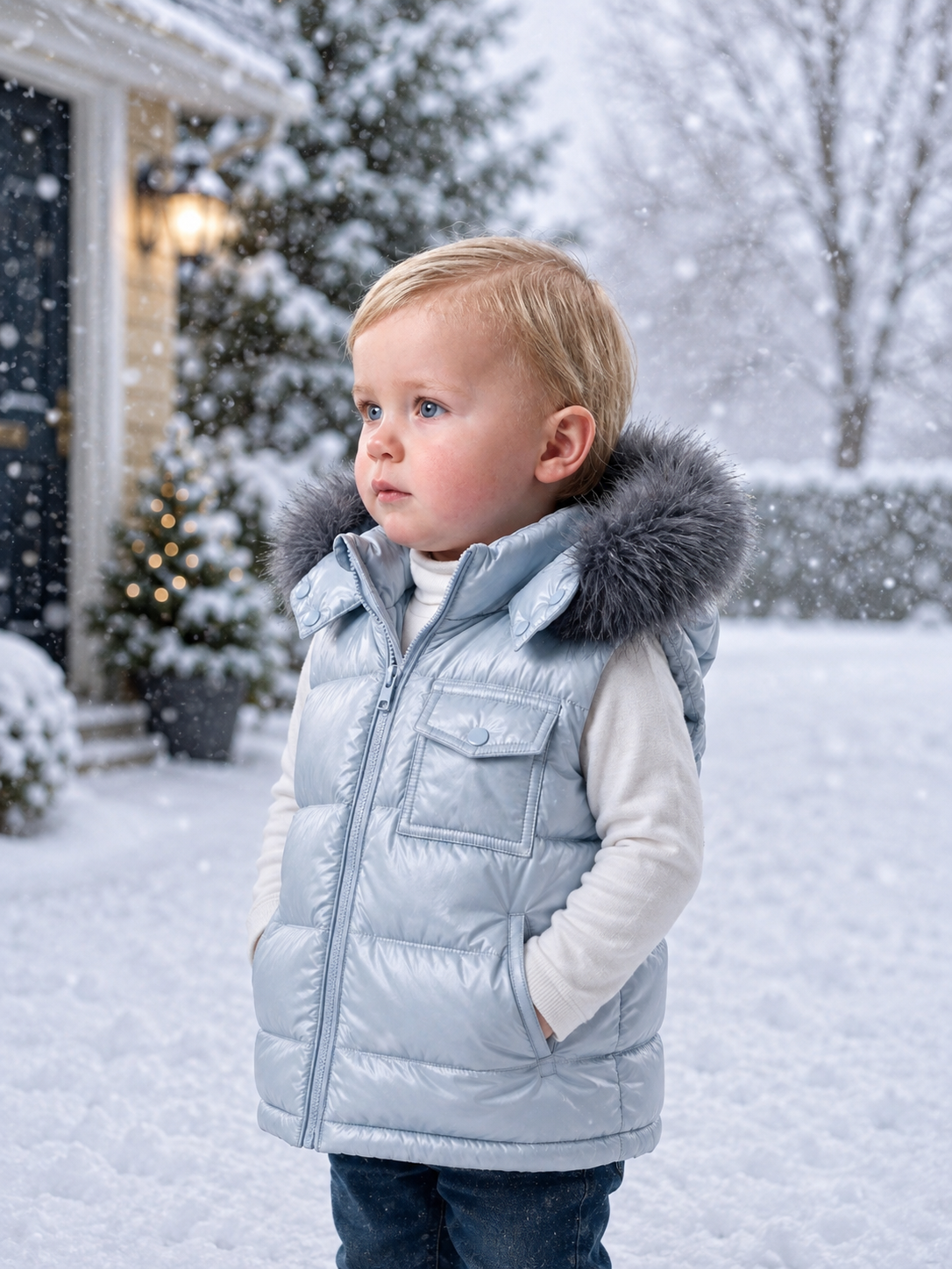 Baby Blue Wee Mee Puffer Gilet With Faux Fur Hood