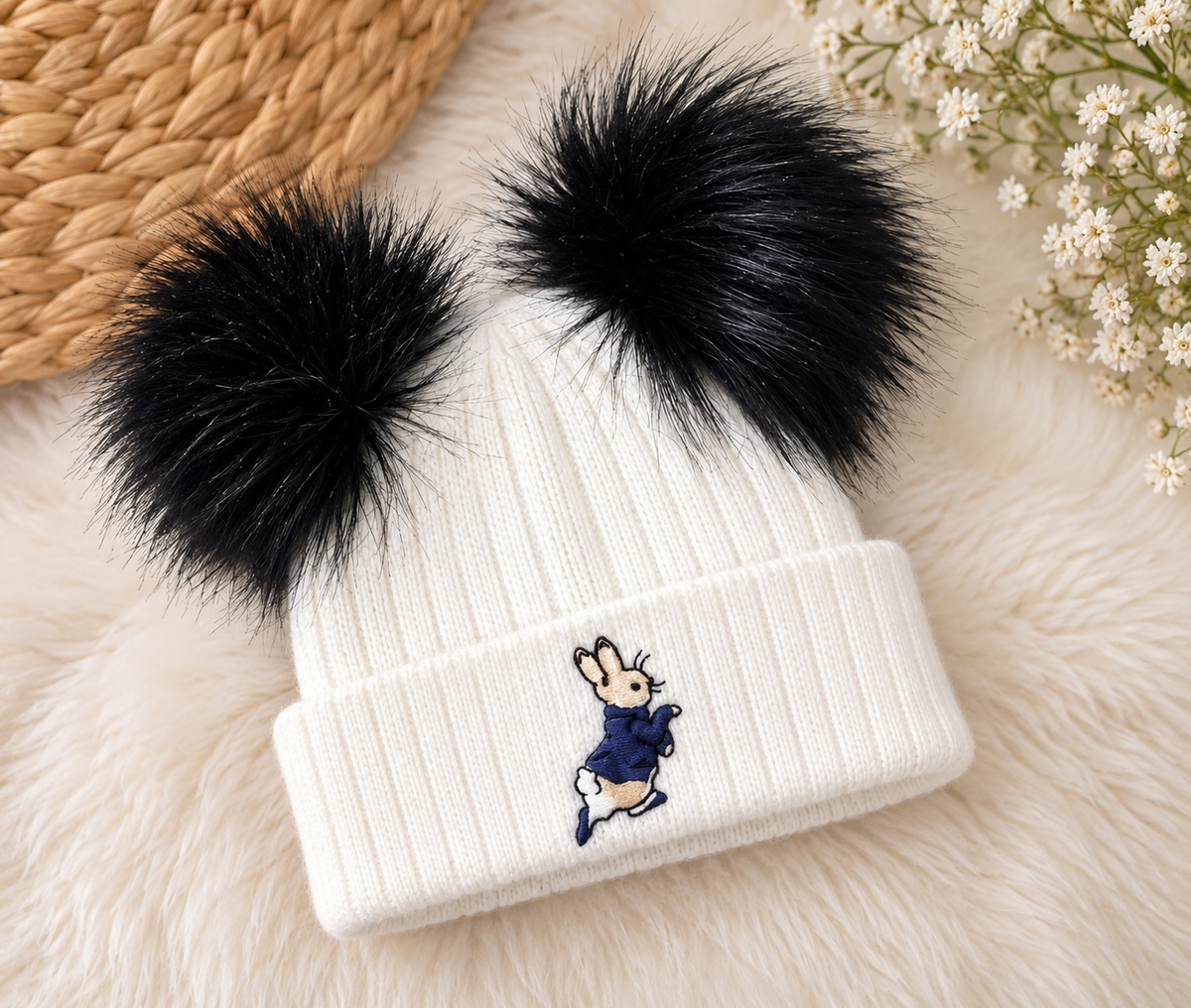 **PRE ORDER** White & Navy Peter Rabbit Double Pom Hat