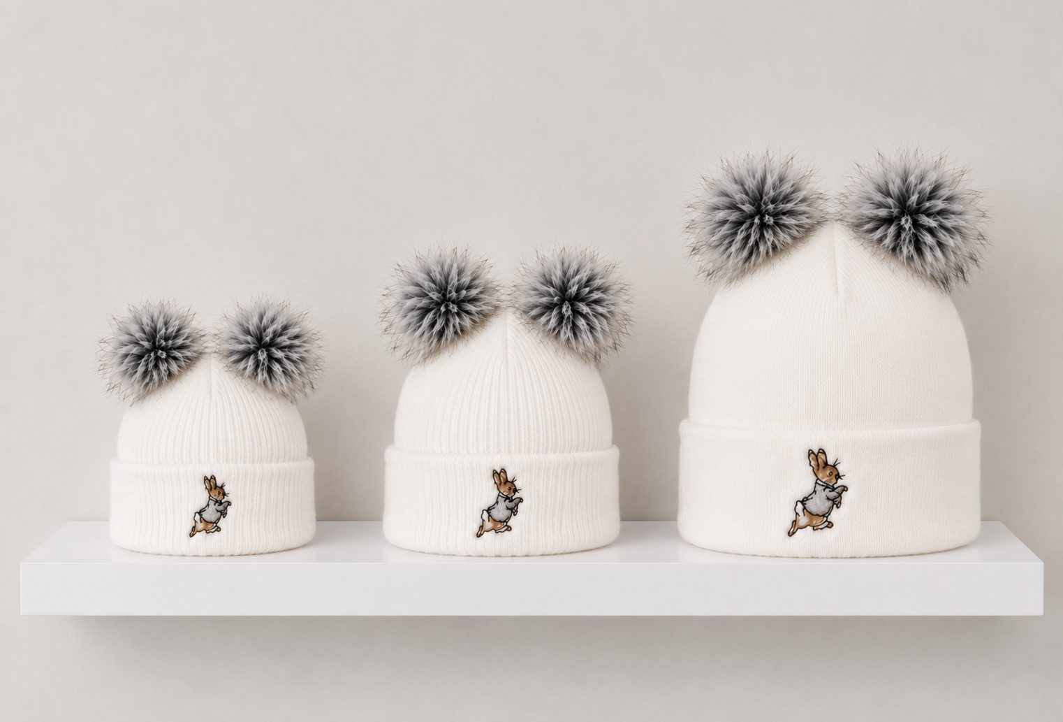 Grey & White Peter Rabbit Double Pom Hat