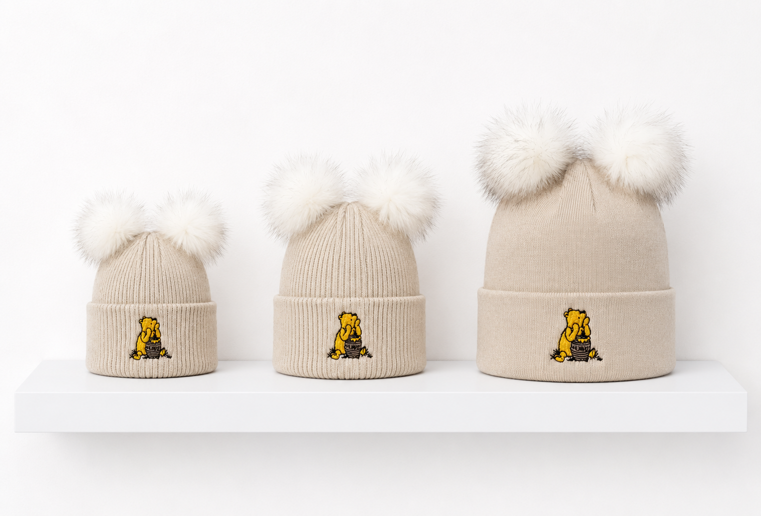 Beige Pooh Bear Double Pom Hat