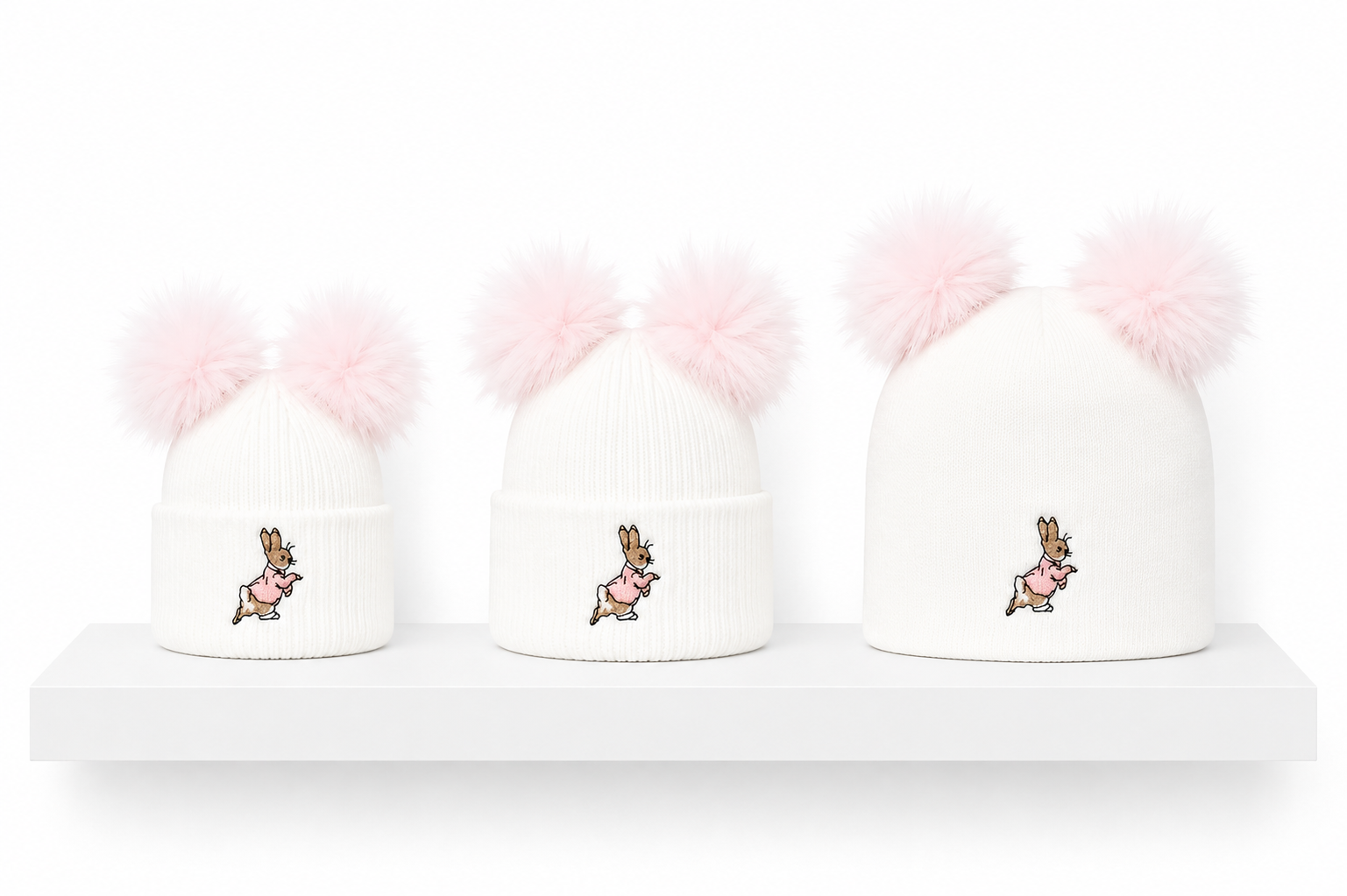 White and Pink Peter Rabbit Double Pom Hat