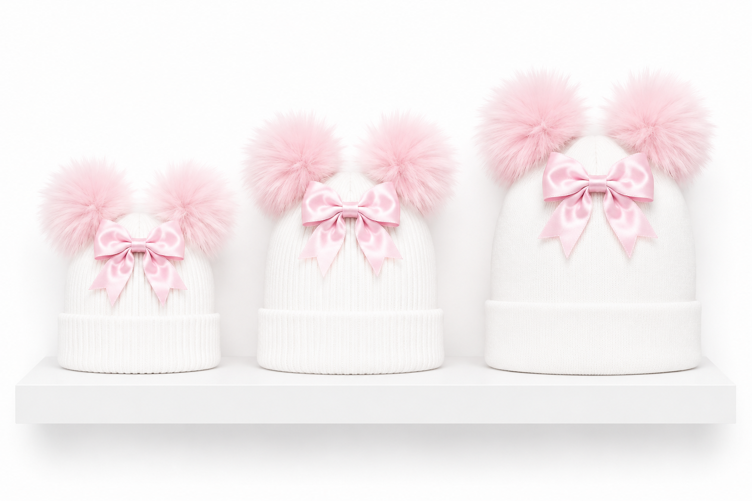 White and Pink Bow Double Pom Hat