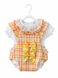 Orange Check Bow Romper Set with Lace Collar
