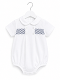 Boys smocked White and Navy Romper