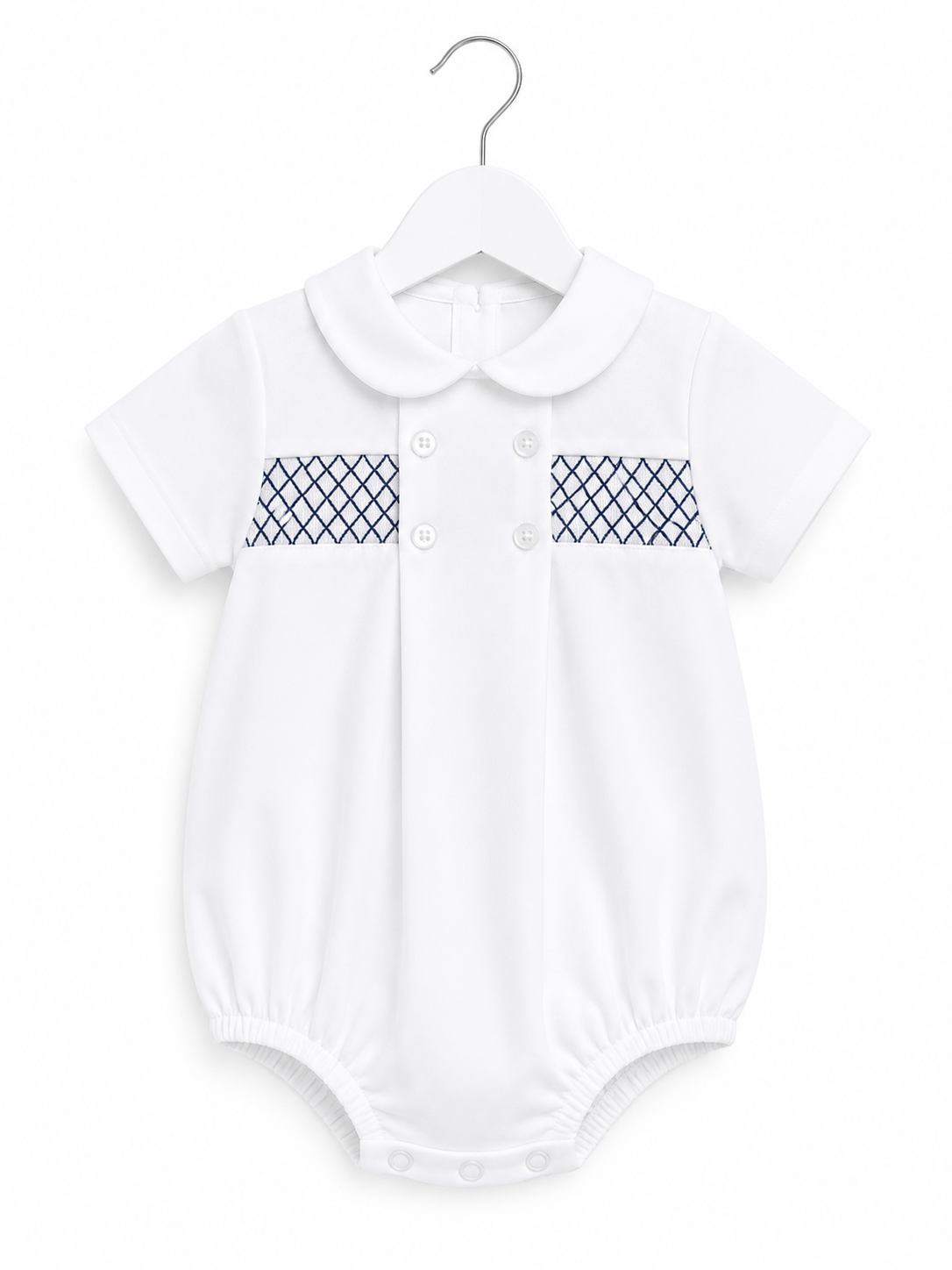 Boys smocked White and Navy Romper